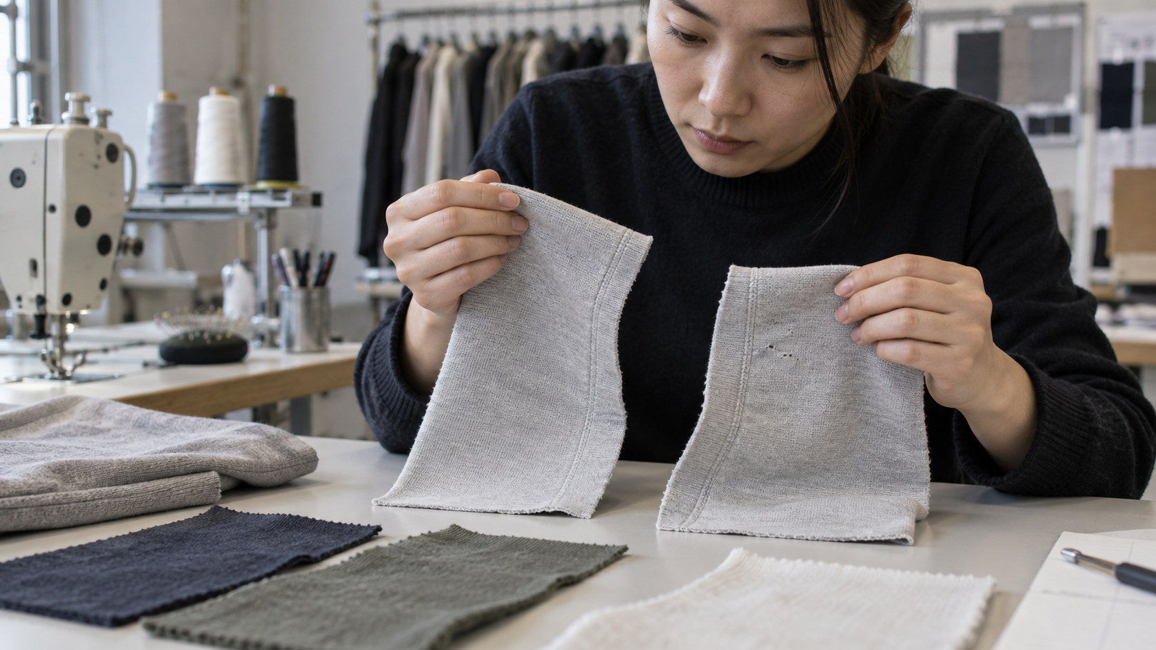 Small holes in activewear fabric compared under light and gentle stretch beside an intact sample