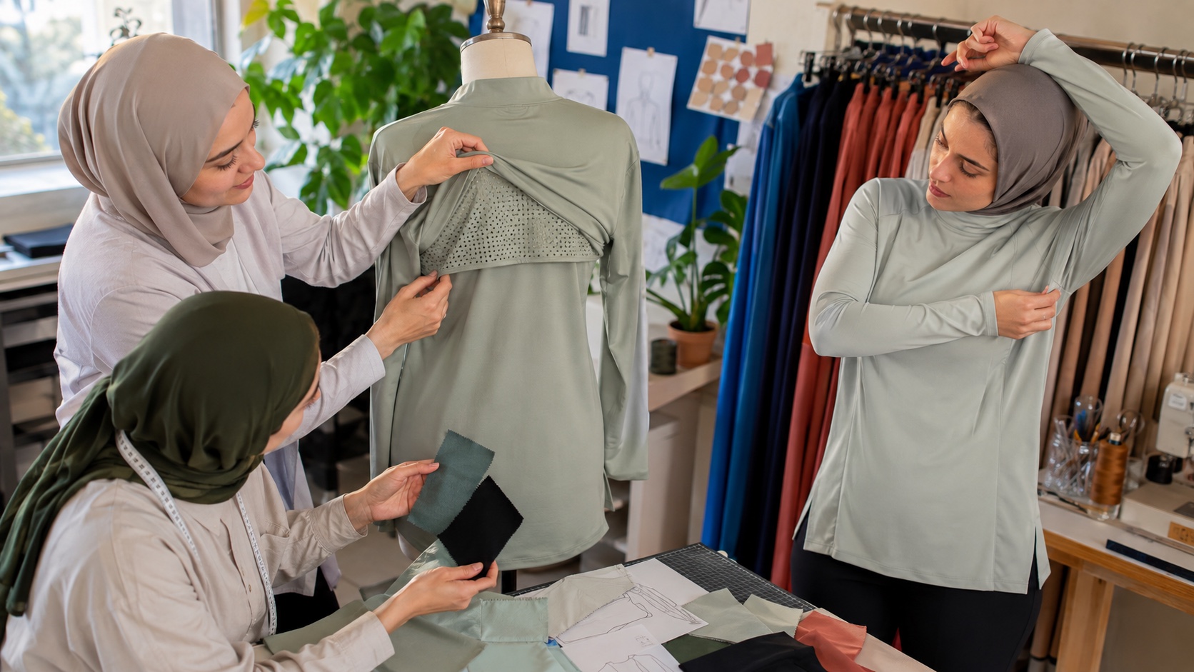 Modest activewear product team comparing a coverage map with ventilation sample panels