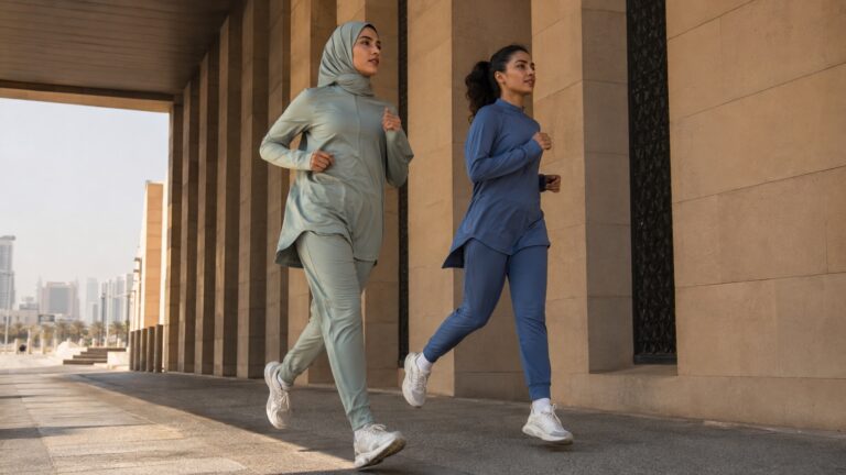 Women testing hot climate modest activewear during an early-morning outdoor run-walk