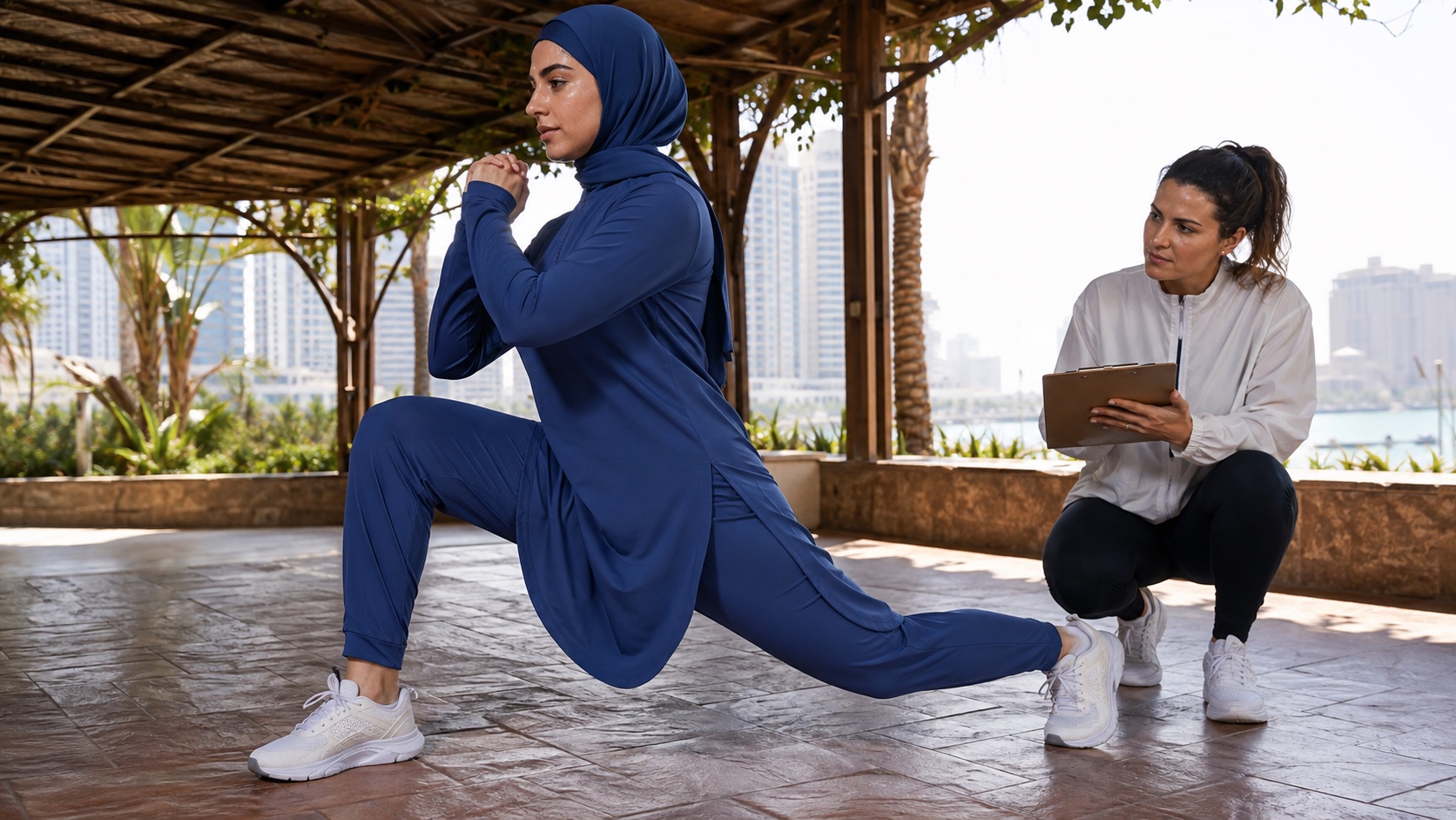 Hot climate modest activewear founder checking airflow and coverage during an outdoor movement test