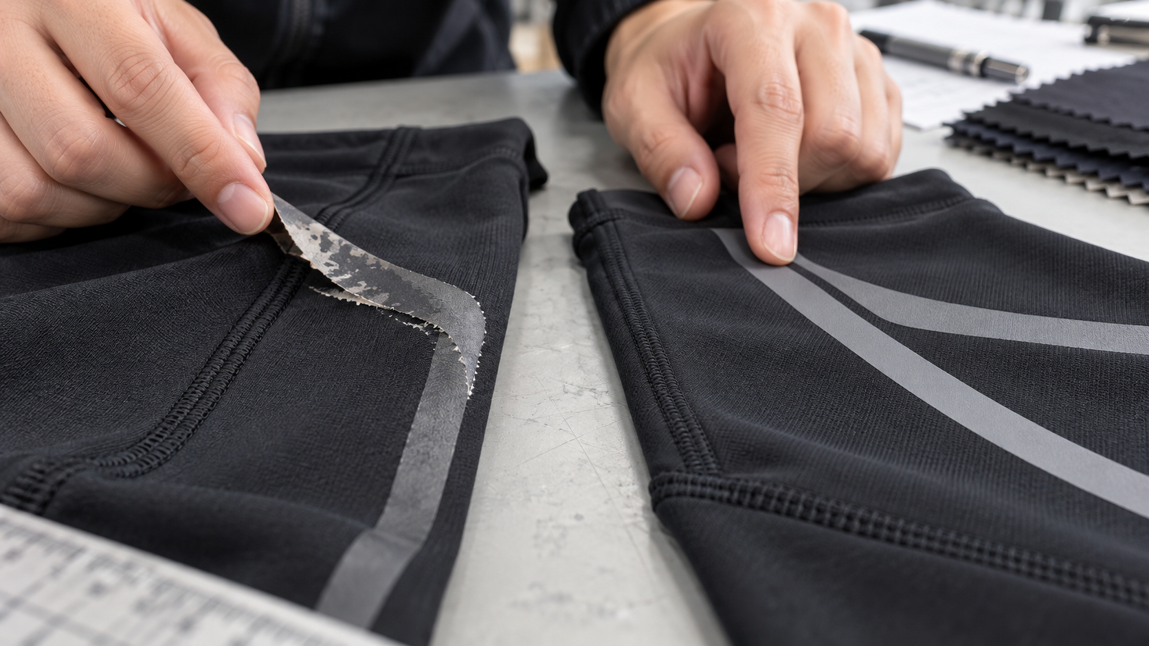 Activewear logos peel after washing compared at the lifted edge and approved logo reference