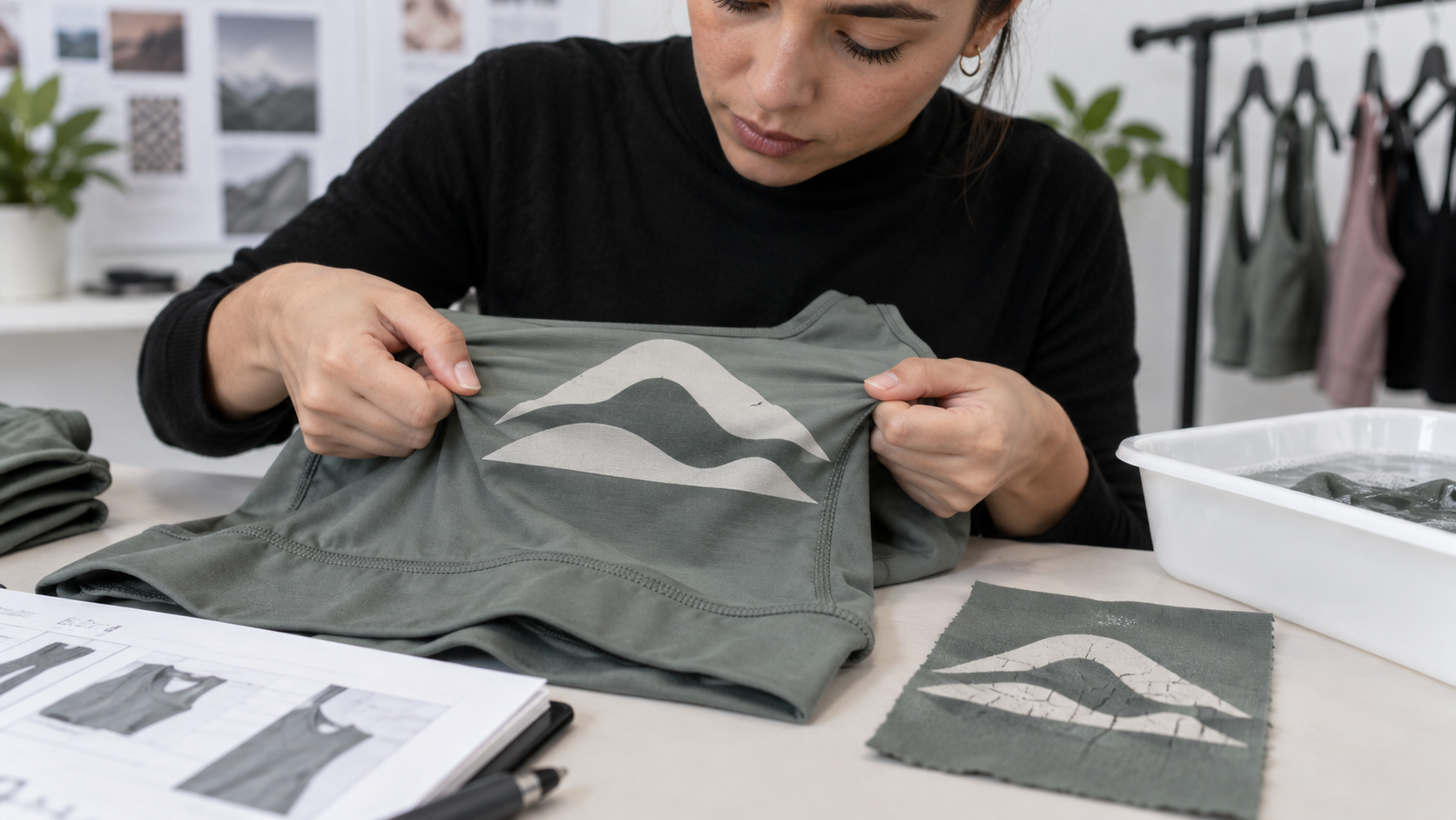 Peeling and intact activewear logo edges compared after a simple wash and stretch check