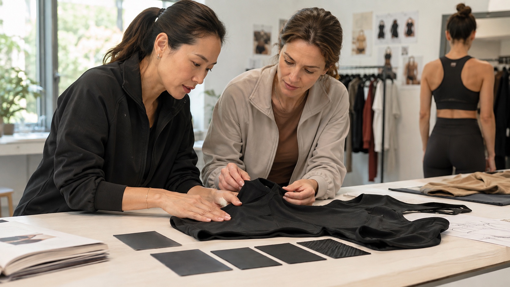 Activewear sample review with logo placement options and branding artwork