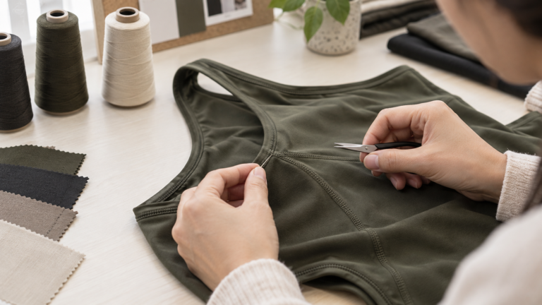 Technician inspecting loose threads on an activewear garment before trimming