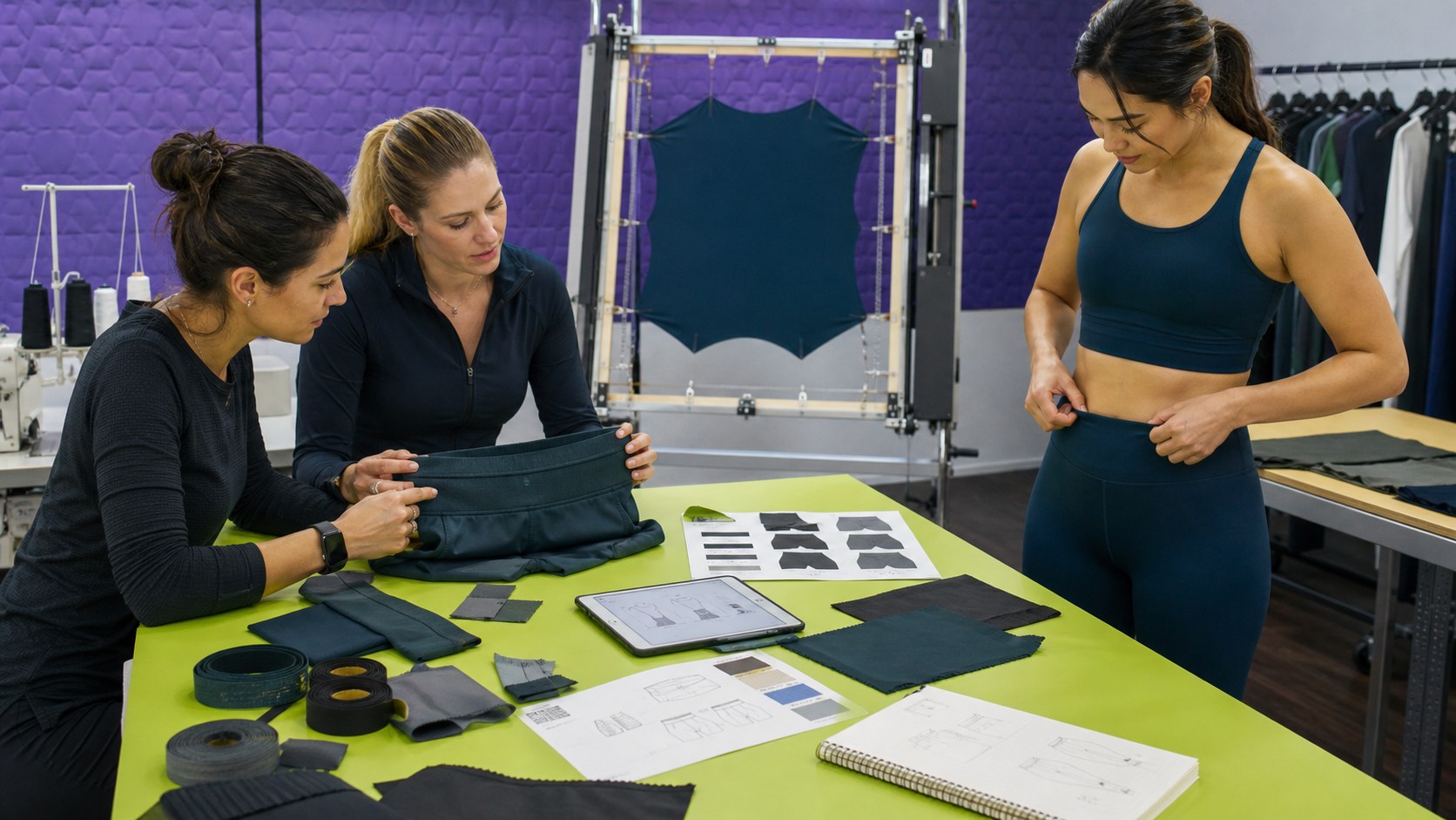 Activewear product team comparing two low-pressure waistband prototypes and wear-test notes