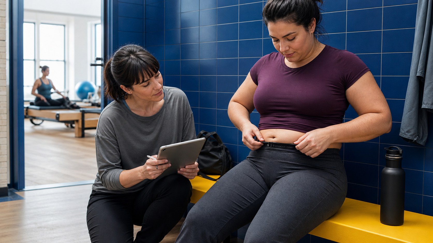 Low-pressure activewear wear tester adjusting a soft waistband during a Pilates-to-street fit session