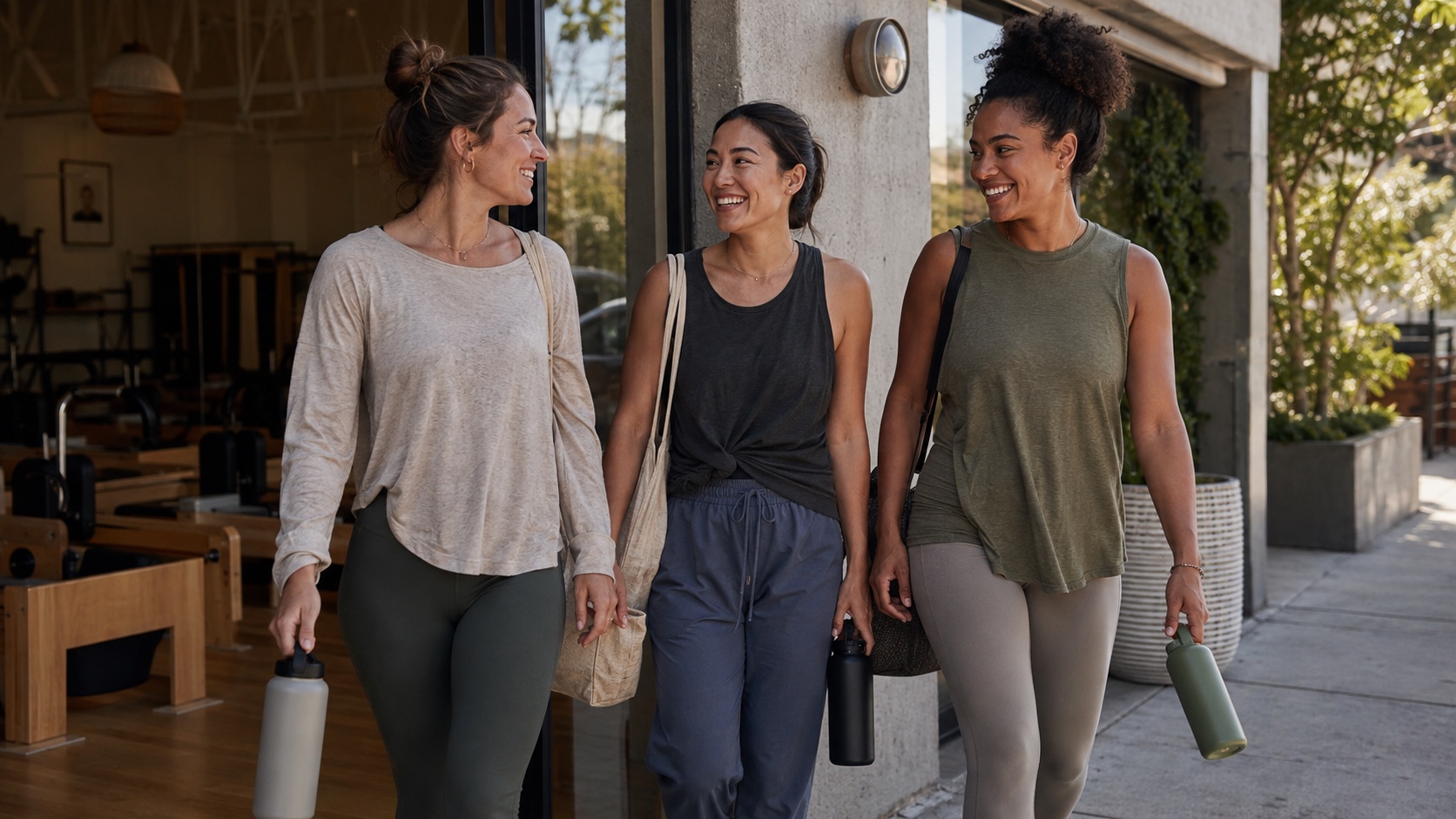 Women wearing natural fiber activewear tops after a low-sweat Pilates session