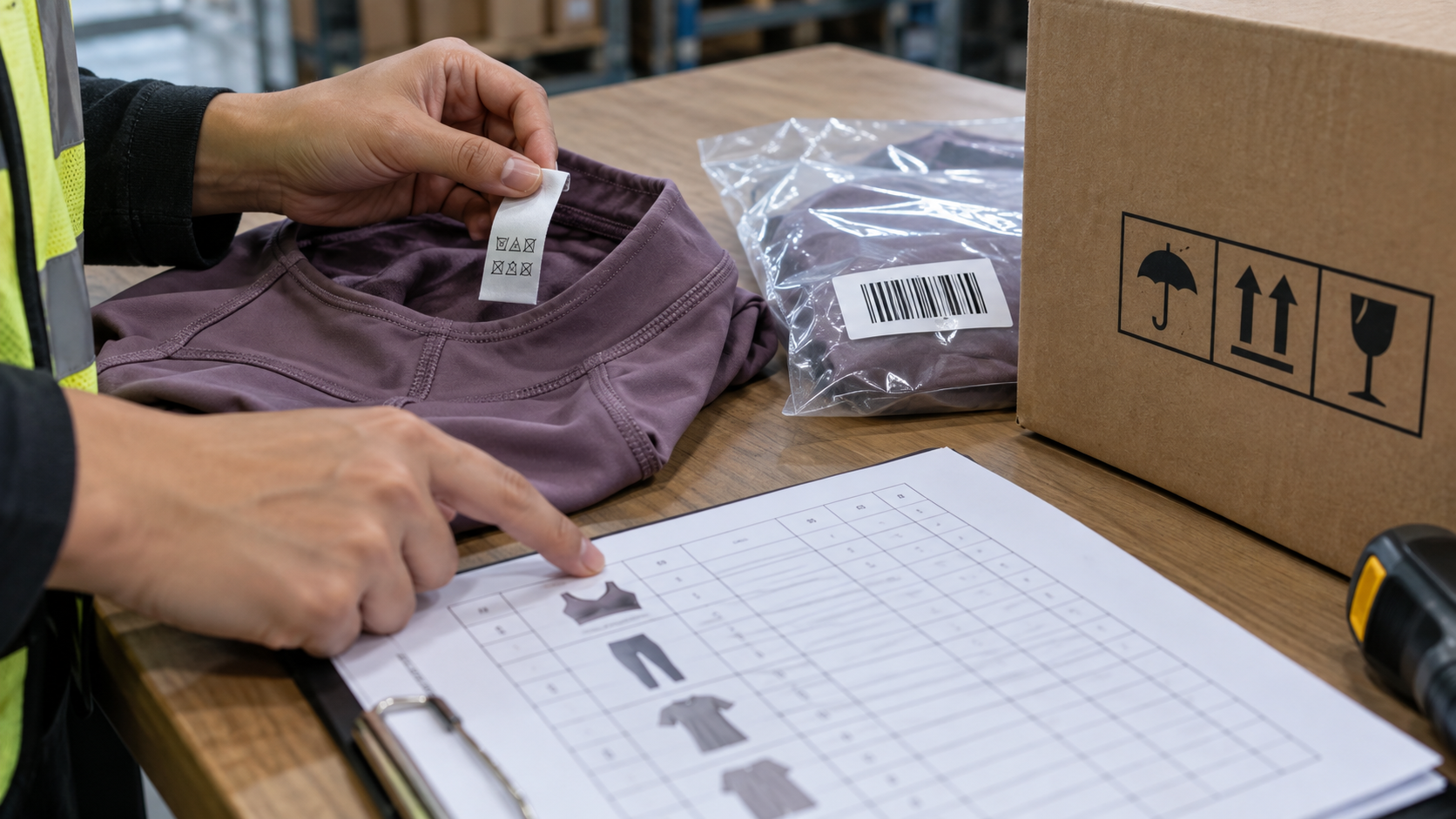 Activewear packing mix-ups checked by tracing garment label, barcode, polybag, and carton mark