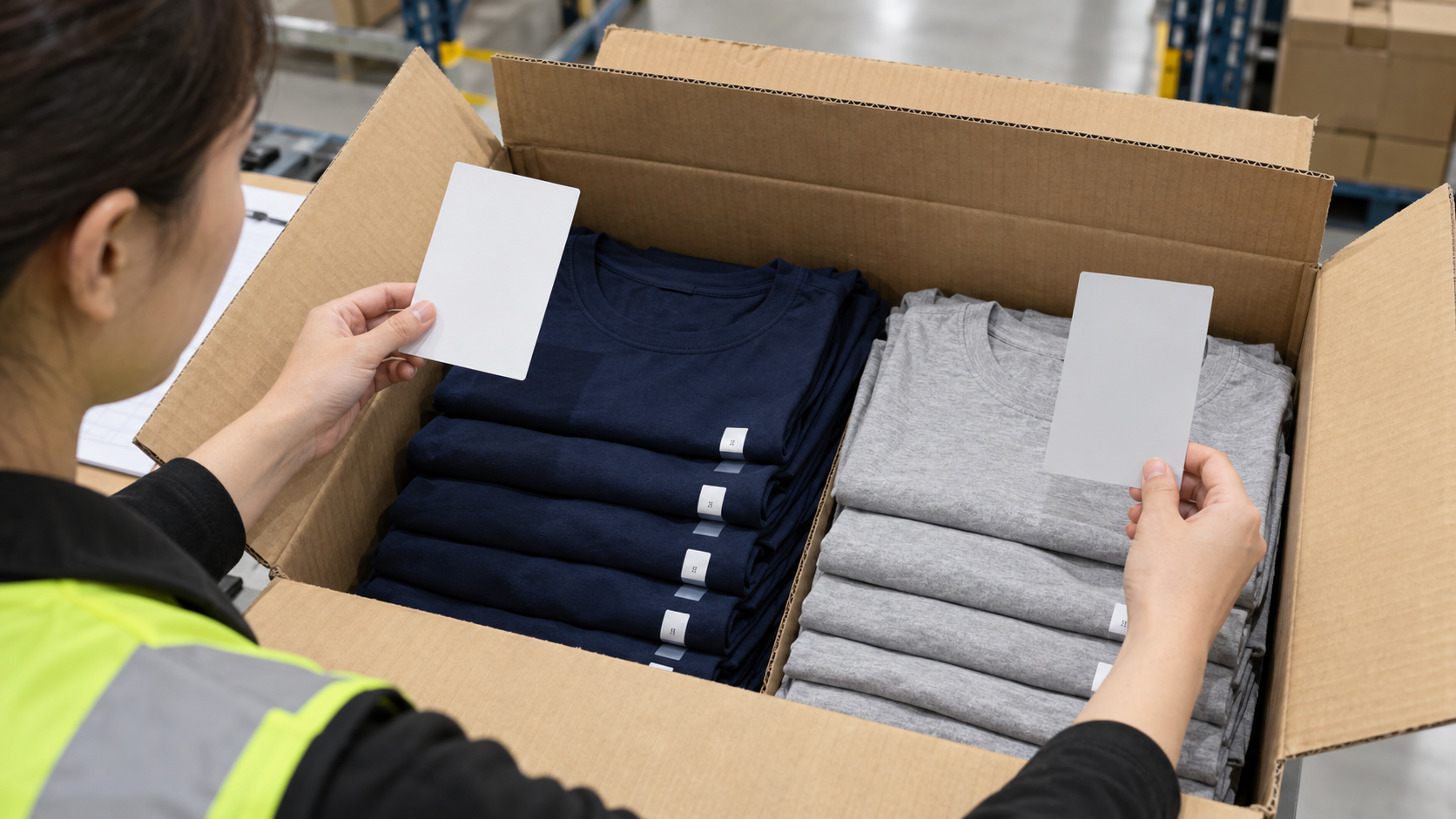 Activewear carton assortment and labels compared with a packing list before shipment