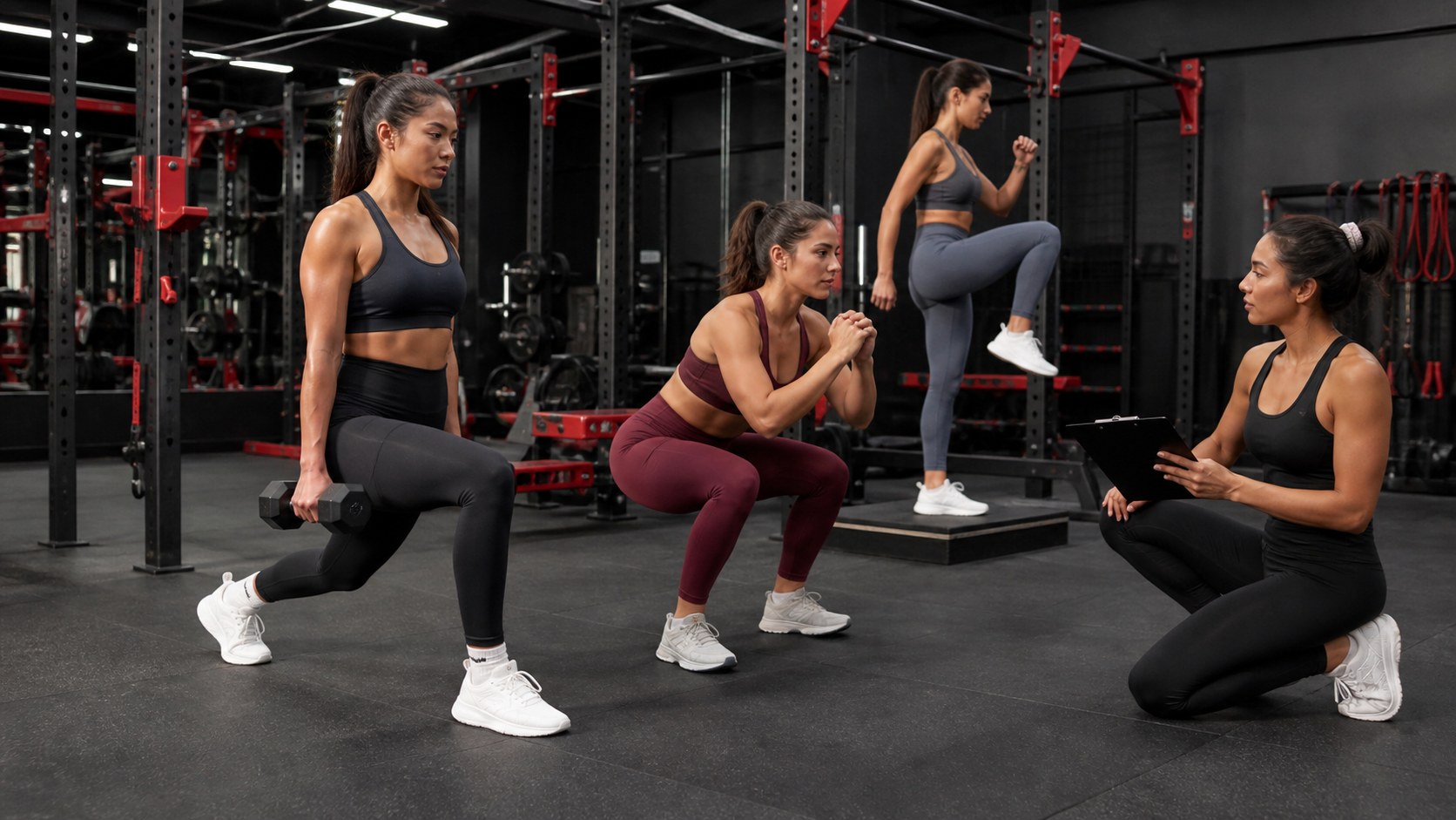 Petite activewear fit panel comparing waistband rise and knee placement during movement