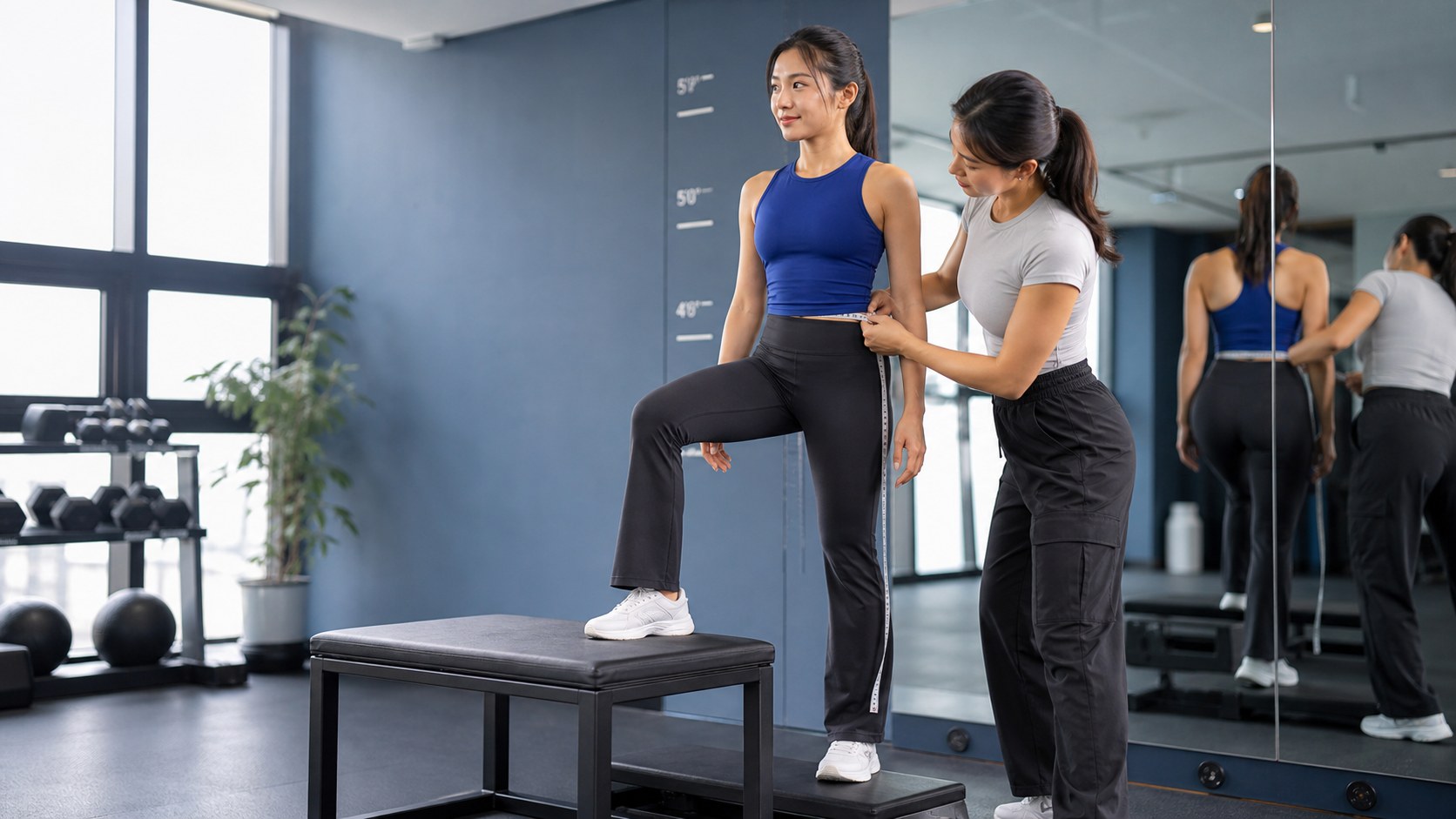 Petite activewear fit specialist measuring a proportion-first flare legging in a training studio