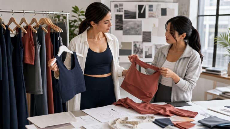 Founder comparing ready-to-custom and custom activewear development routes with a product developer