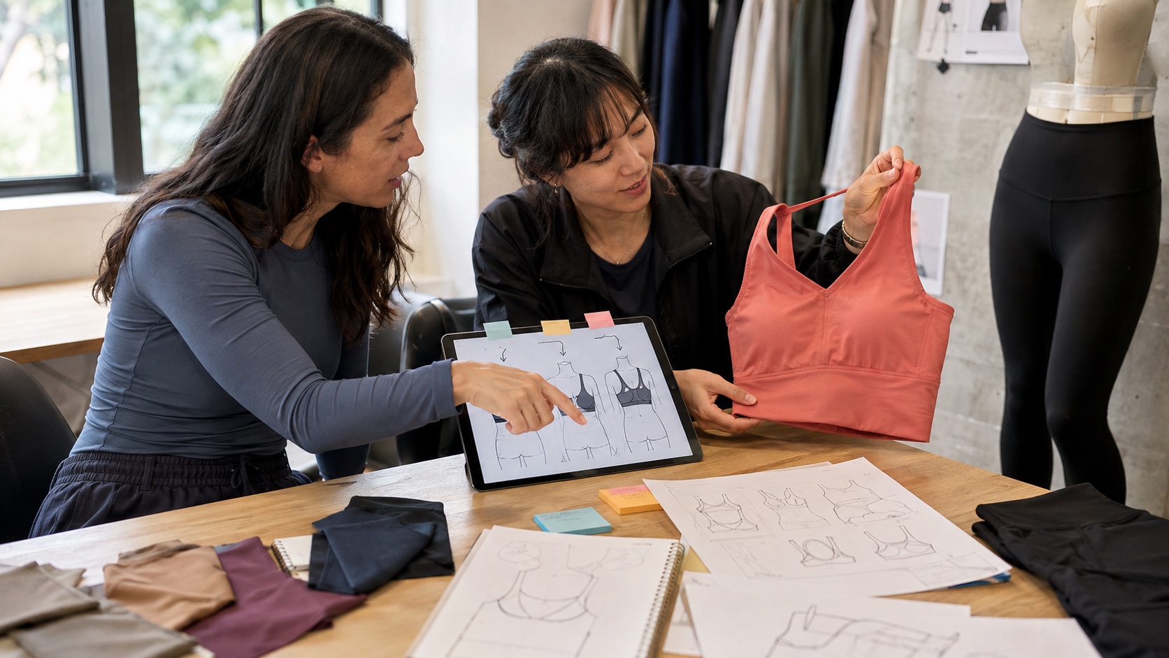 Founder reviewing reference images with an activewear manufacturer product developer