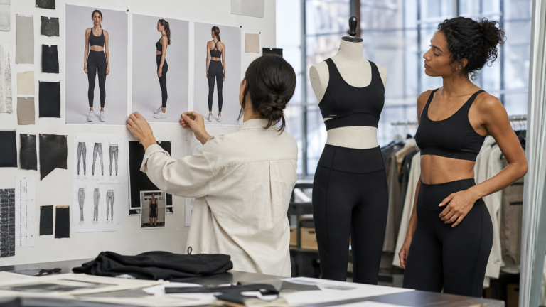 Reference image to activewear sample: product developer comparing front, side, and back references