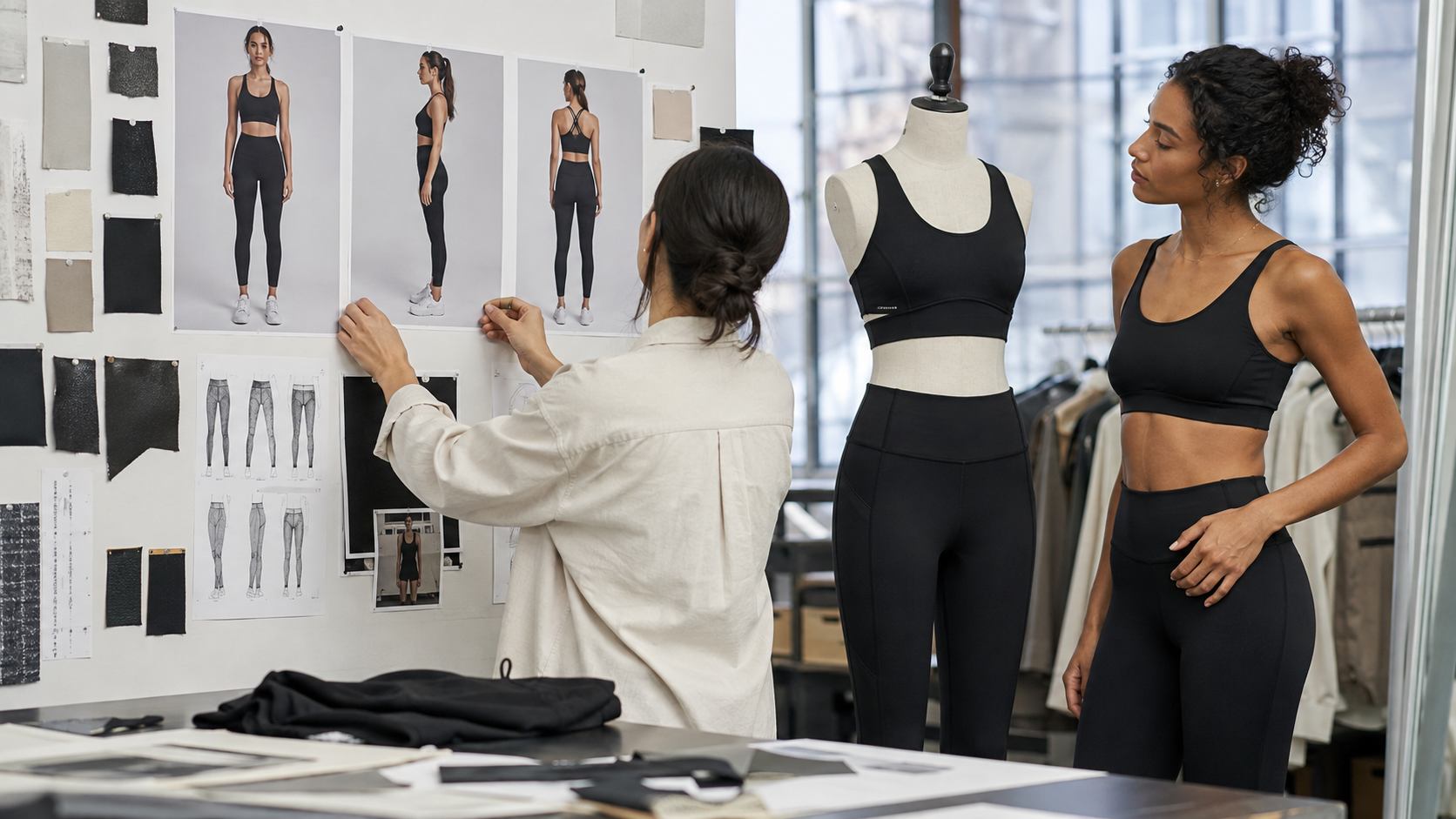 Reference image to activewear sample: product developer comparing front, side, and back references
