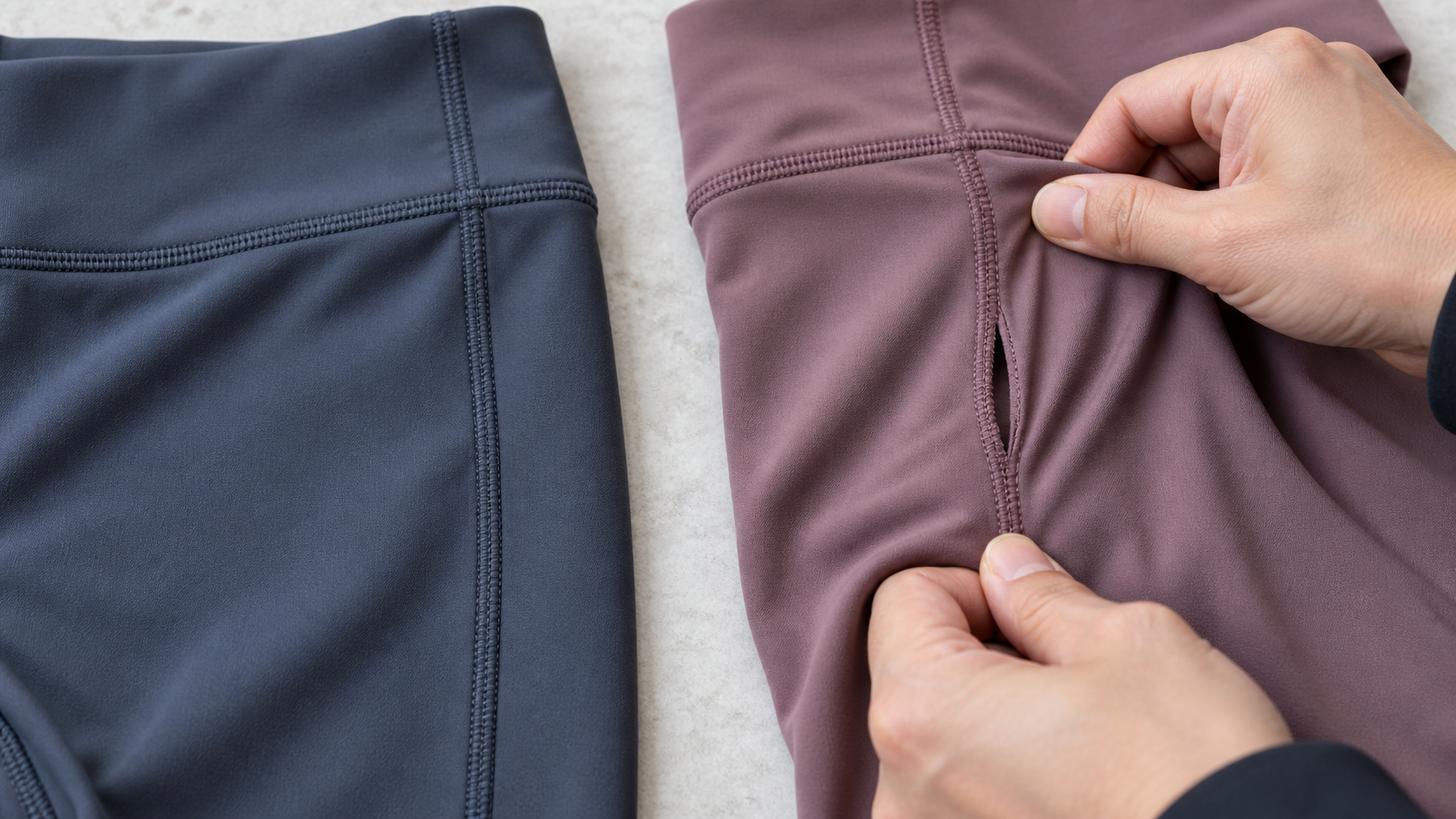 Seam slippage in activewear checked beside the stitch line on a stretched garment