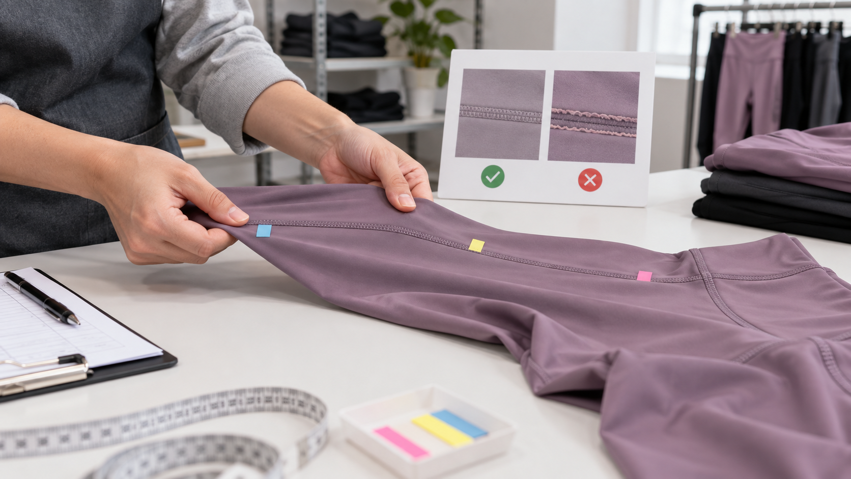 Activewear seam slippage compared with a stable seam construction and visible fabric gap