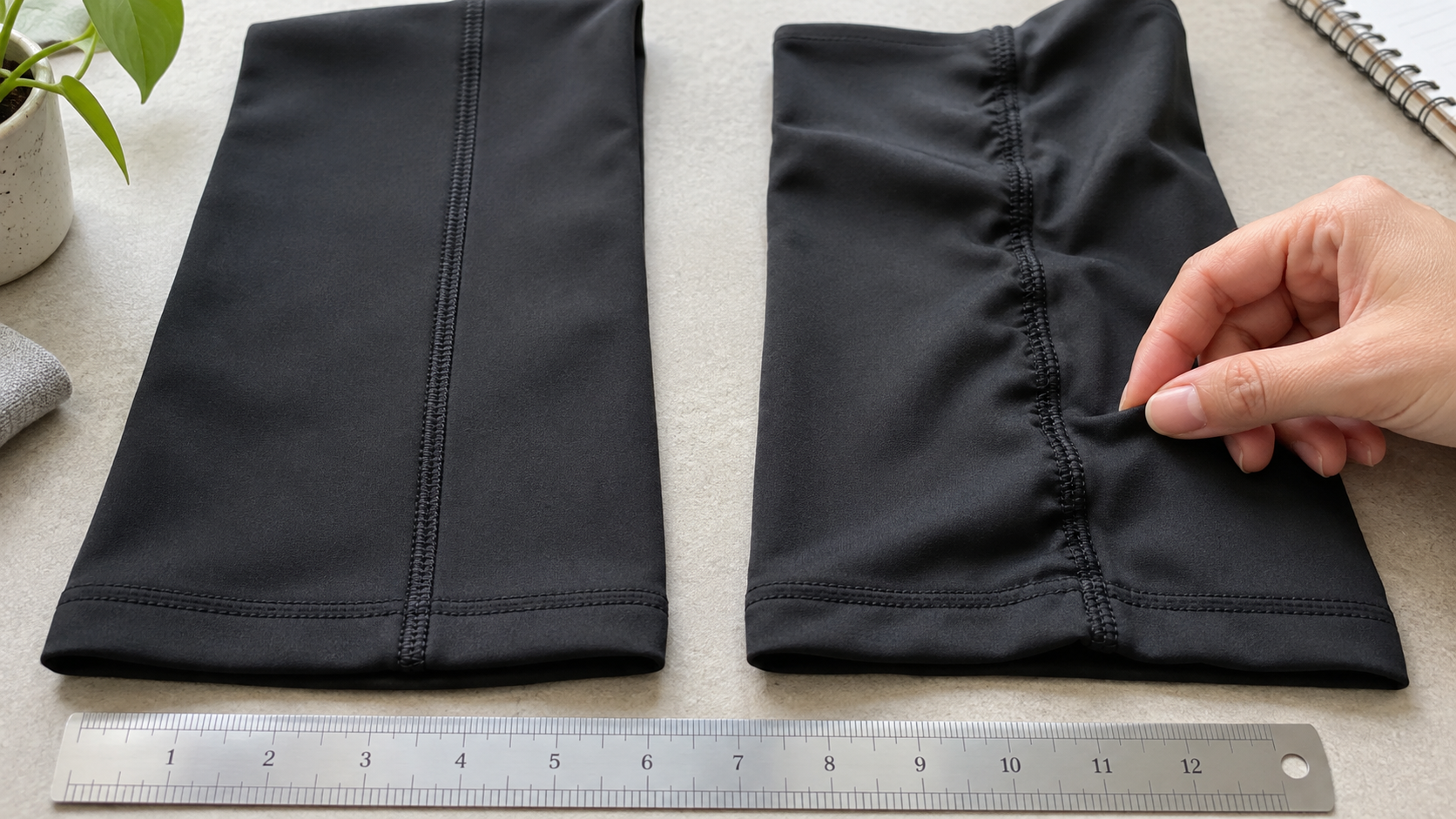 Seam puckering in activewear compared between a smooth approved seam and a wavy production seam