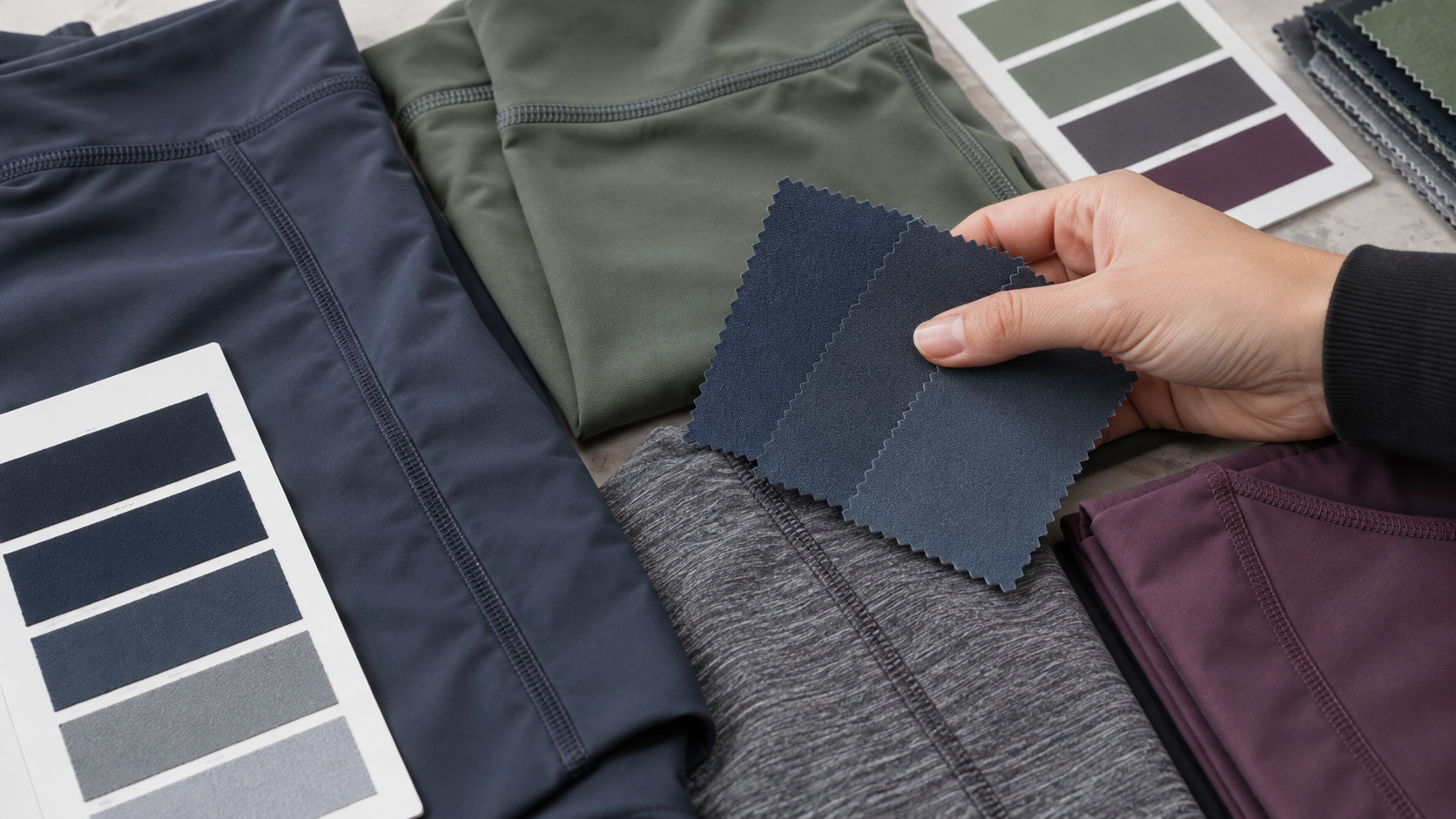 Color shading in activewear compared across matching garments under consistent light