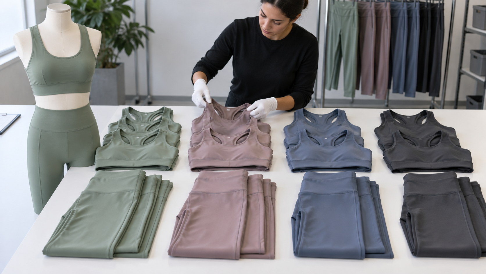 Activewear color shade groups compared with an approved reference garment and matching set pieces