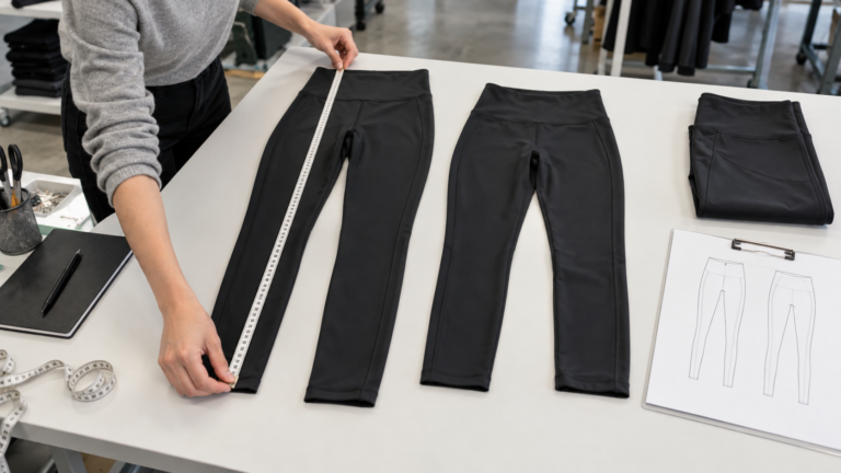 Technician measuring two same-size activewear garments against an approved sample