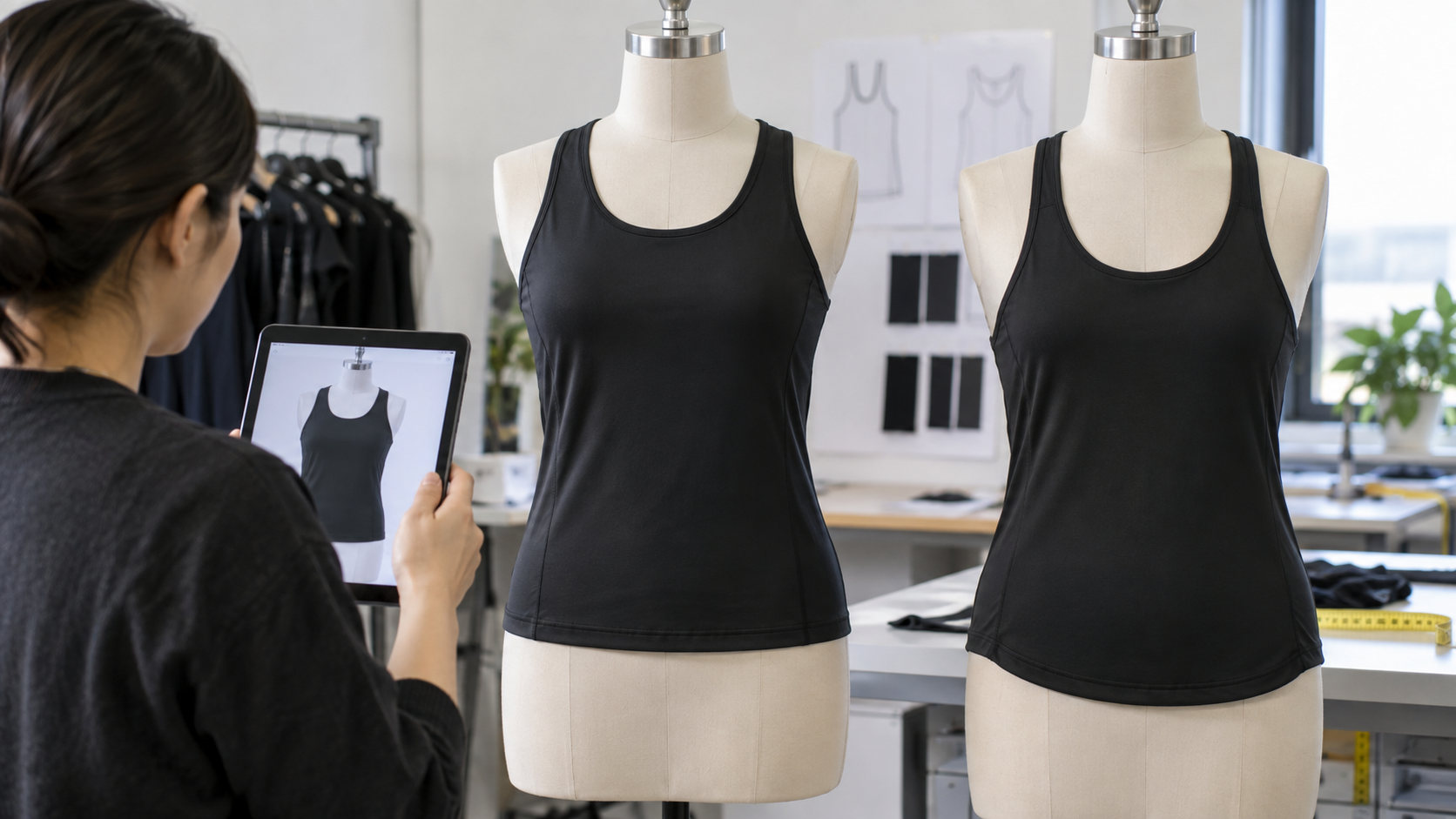Same size activewear fits differently checked against a paper pattern and approved garment reference