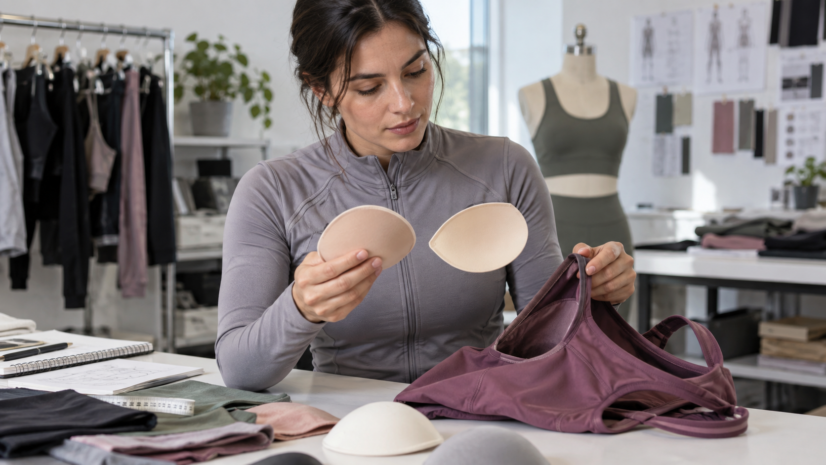 Technician checking removable sports bra pads and the inner pocket construction