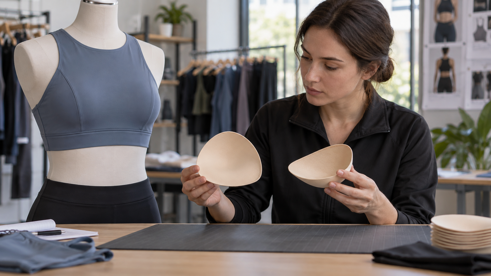 Removable sports bra pad position compared before and after movement and washing preparation