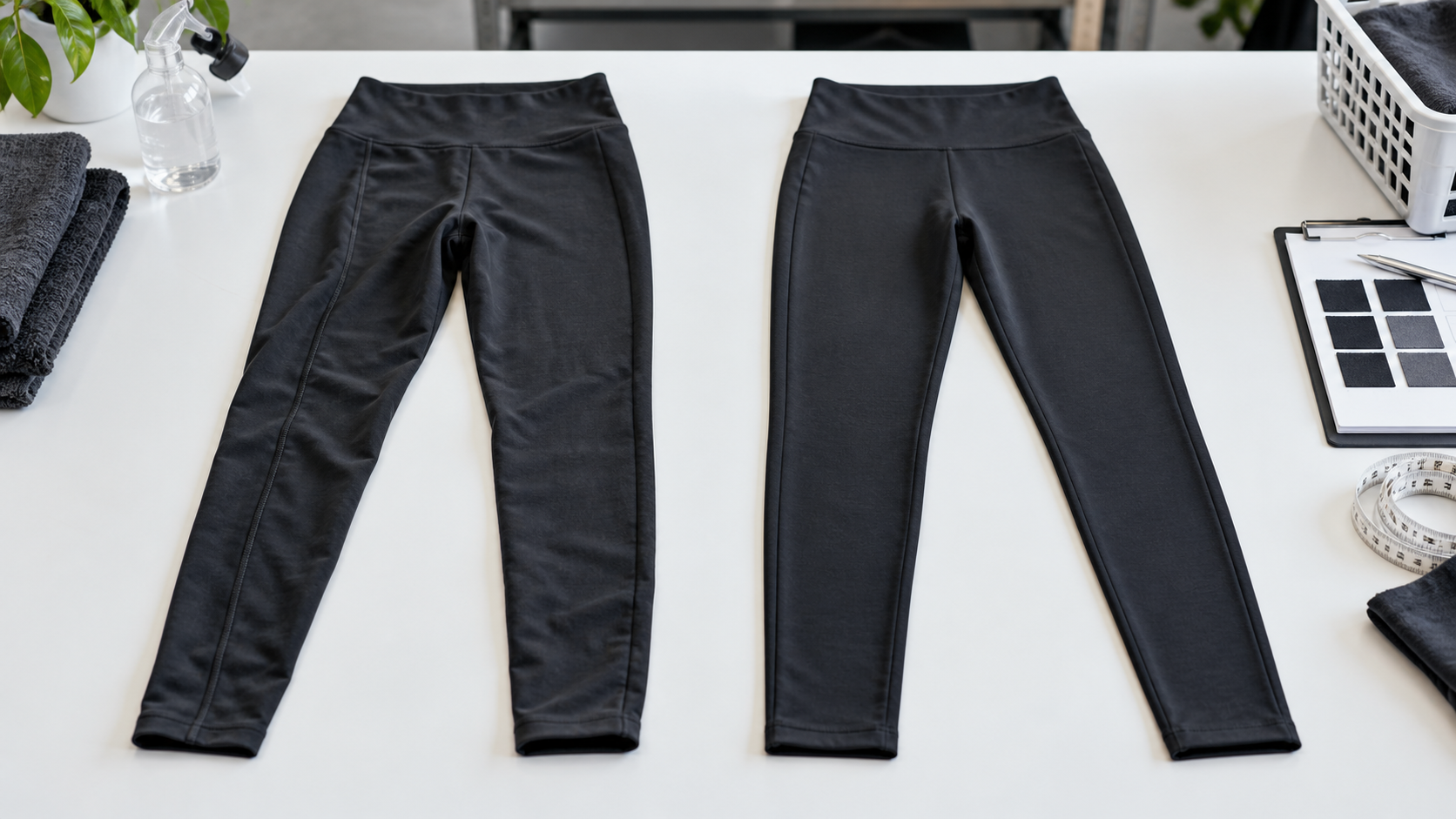 Activewear leggings side seam rotation checked on a flat garment after a wash comparison