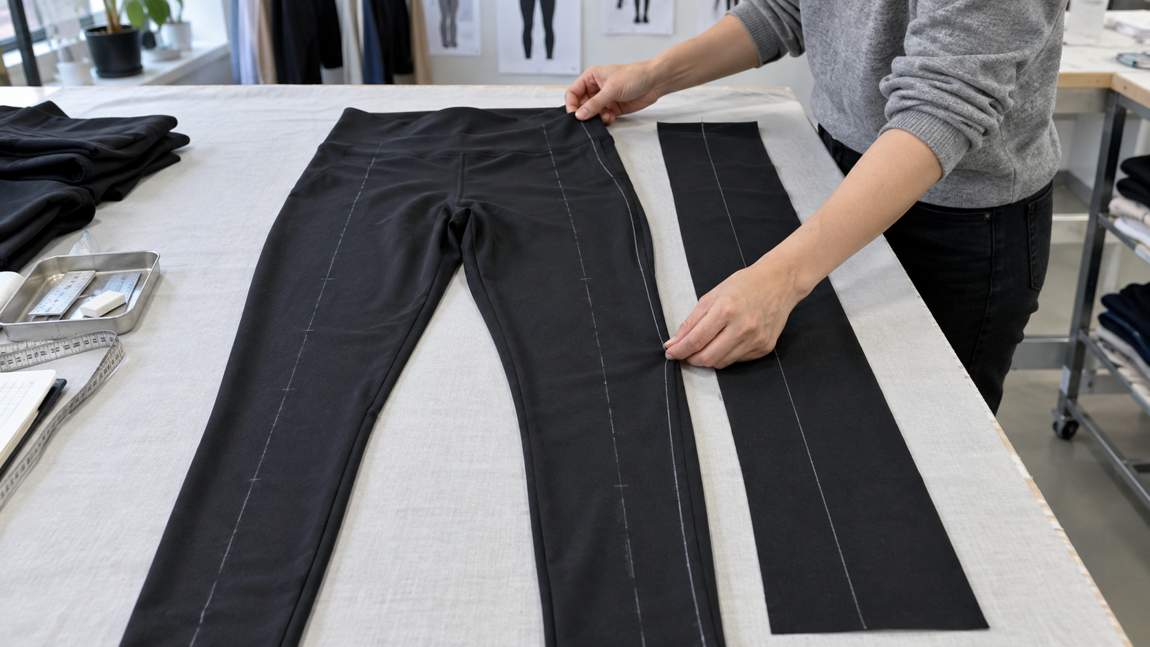 Leggings side seams twisting after washing compared with a straight approved reference